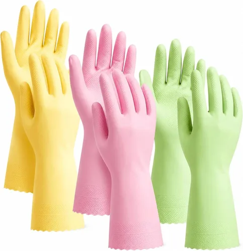 KINGFINGER 3 Pairs PVC Kitchen Gloves, Colorful Reusable Dish Gloves for Cleaning Bathroom, Cute Dishwashing Glove
