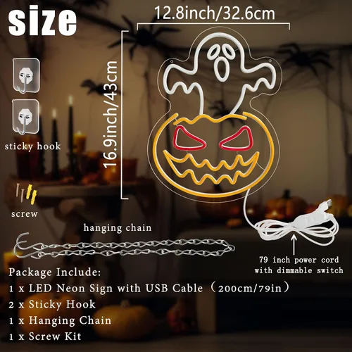 Miniatura 2 de Letrero de neón de calabaza fantasma de Halloween, cara de fantasma, luz de neón espeluznante de calabaza de neón, letreros LED regulables