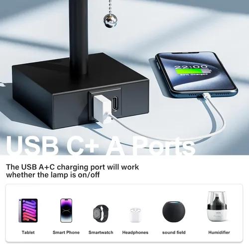 Miniatura 8 de Fenmzee Juego de 2 lámparas de noche para dormitorio, pequeña lámpara rectangular para mesita de noche con puerto de carga USB A C, luz