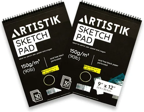 Bloc de dibujo de papel negro – 12 x 9 (paquete de 2) 30 hojas (90 libras/5.29 oz/m²), encuadernado en espiral superior con páginas perforadas para