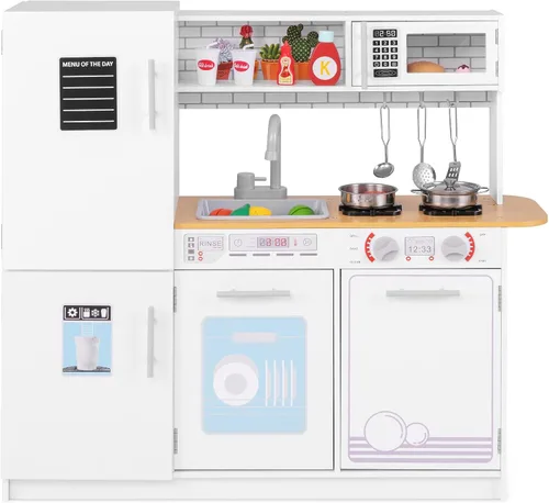 Costzon Juego de cocina para niños, juego de cocina de juguete de madera con pizarra, grifo, fregadero, horno, microondas, lavavajillas, accesorios,