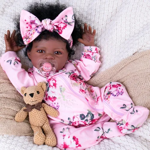 Miniatura 12 de Aori Muñecas de bebé recién nacidas negras realistas de 22 pulgadas, muñecas negras con peso recién nacido, juego de regalo para niños a partir de 3