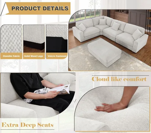 Miniatura 4 de Sofá modular Cloud de 212 pulgadas con tumbona grande, profundo y cómodo, sofás seccionales en forma de L de gran tamaño para sala de estar, Blanco