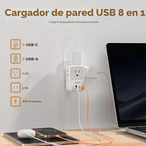 Miniatura 4 de TESSAN Bloque de cargador USB C de 20 W PD, adaptador de carga rápida con enchufe plegable, extensor de toma de corriente de 1875 W (4 CA y 4 USB)