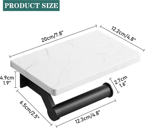 Miniatura 5 de Soporte de papel higiénico de aluminio negro mate Hoimpro con estante de mármol natural blanco, soporte de almacenamiento de rollo de papel de mano