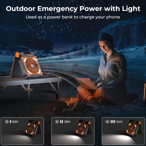 Miniatura 4 de KITWLEMEN Ventilador solar de campamento mejorado con linterna, ventilador de batería recargable, tiempo de funcionamiento máximo de 36 horas, 4