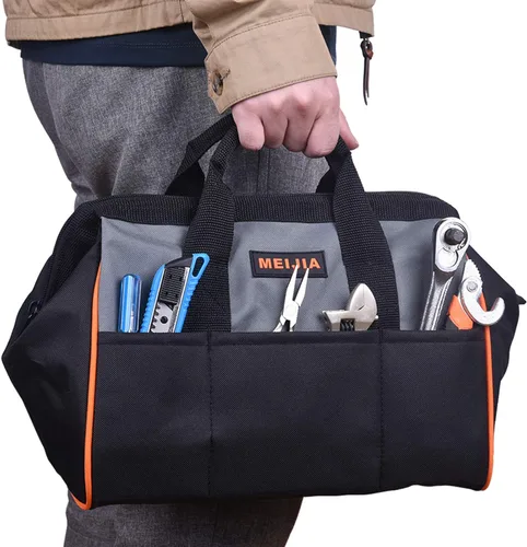 Miniatura 7 de MEIJIA Bolsa de herramientas portátil de boca ancha abierta con múltiples compartimentos, resistente con parte inferior de tablero de polietileno