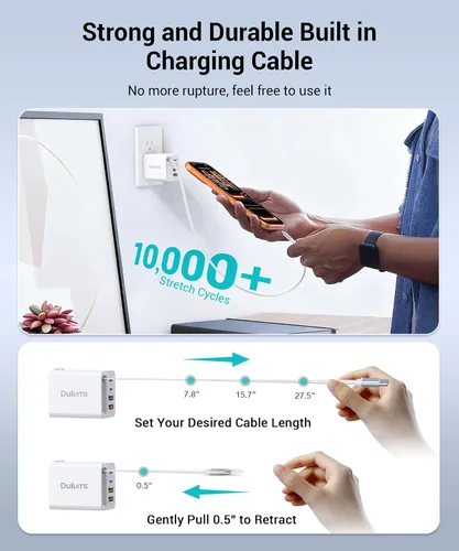 Miniatura 3 de Cargador retráctil de 40 W actualizado 2026, multipuerto esencial de viaje de 4 puertos, enchufe de bloque de cargador de pared PD 5 en 1+cables