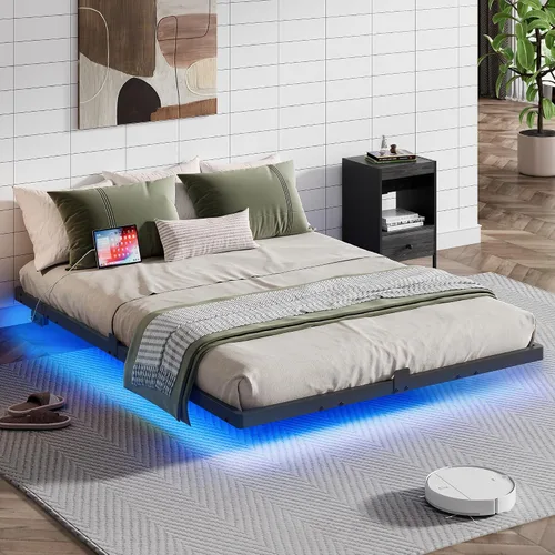 Miniatura 10 de WLIVE Base de cama flotante tamaño Queen, plataforma de metal resistente de 1500 libras con luz LED y estación de carga, no necesita somier, fácil