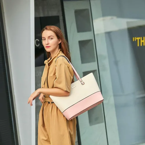 Miniatura 2 de Juego de 4 bolsas modernos para mujer de cuero sintético: bolso tote, bolso de hombro, bolso de mano y cartera.
