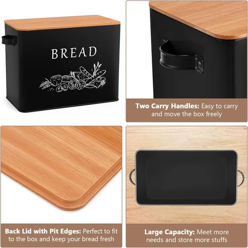 Miniatura 4 de P&P CHEF Panera para encimera de cocina, contenedor de almacenamiento de pan de metal con tapa de corte de madera, gran capacidad para sostener más