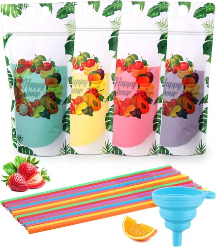 Sieral - 200 bolsas transparentes para bebidas con pajitas para adultos, 16 oz, con cierre resellable, cremallera, de pie, bolsas de jugo de Estilo