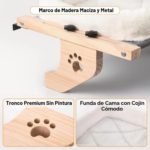 Miniatura 6 de AMOSIJOY Asiento de hamaca resistente para gatos con funda de cama acolchada, marco de madera y metal para gatos grandes, fácil de ajustar, alféizar