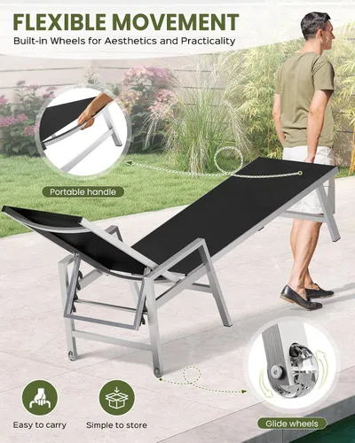 Miniatura 5 de Vexwalx Tumbona para patio al aire libre con ruedas y reposabrazos, sillas reclinables ajustables de aluminio de 5 posiciones, sillas de playa al