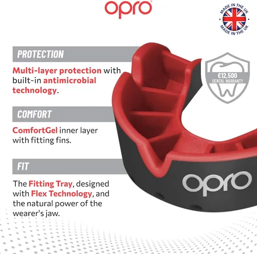 Miniatura 3 de OPRO Protector bucal moldeable de nivel plateado, ajuste esencial (negro/rojo) para niños y jóvenes, protector bucal de boxeo para artes marciales