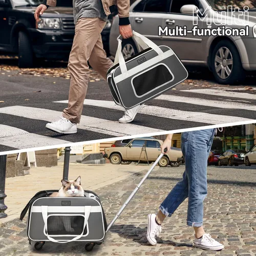 Miniatura 8 de PETSFIT Transportador para gatos aprobado por aerolíneas con ruedas diseñado para perros/gatos pequeños con cuerda de seguridad ajustable y ruedas