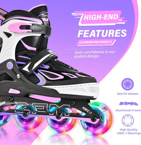 Miniatura 3 de 2PM SPORTS Vinal - Patines en línea ajustables intermitentes para niñas, todas las ruedas se iluminan, divertidos patines iluminadores para niños