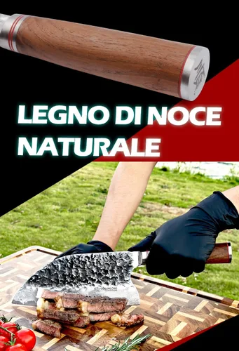 Miniatura 6 de YOUSUNLONG Cuchilla híbrida resistente para carne al aire libre, 8 pulgadas, Damasco martillado natural de madera de nogal con cuero Nuez