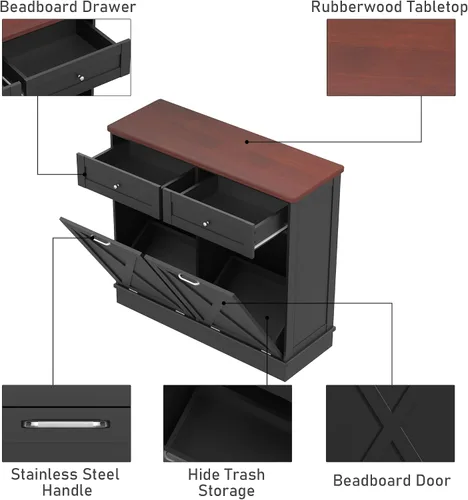 Miniatura 5 de TOLEAD Gabinete de basura oculto de madera de 2 x 10 galones con puerta de granero y parte superior de madera maciza, contenedor de basura de cocina