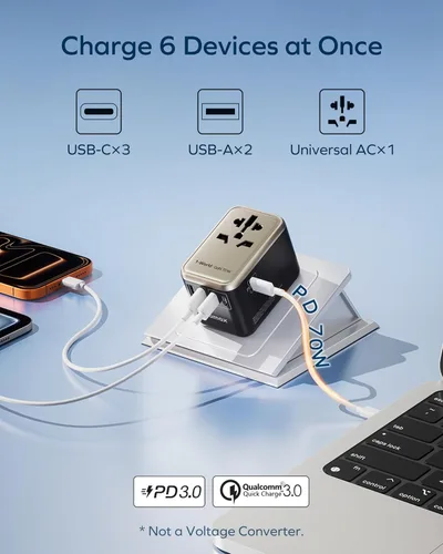Miniatura 3 de MOMAX Adaptador de viaje universal 6 en 1, adaptador de corriente internacional GaN 70W, 3 USB-C PD carga rápida y 2 USB-A QC, 1 AC, adaptador