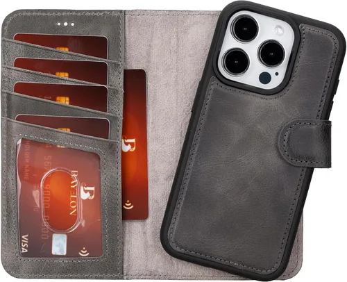 Miniatura 22 de Bayelon Funda tipo cartera para iPhone 15 Pro Max, de cuero de grano completo, cubierta abatible magnética desmontable, tarjetero, funda tipo Marrón