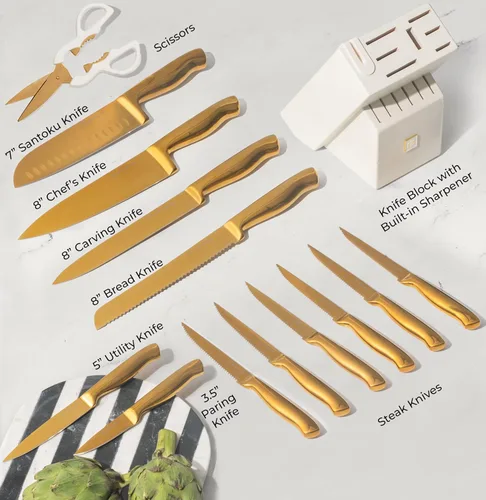 Miniatura 2 de STYLED SETTINGS juego de cuchillos con bloque blanco y dorado – 14 piezas, cuchillos de acero inoxidable con revestimiento de titanio de espiga