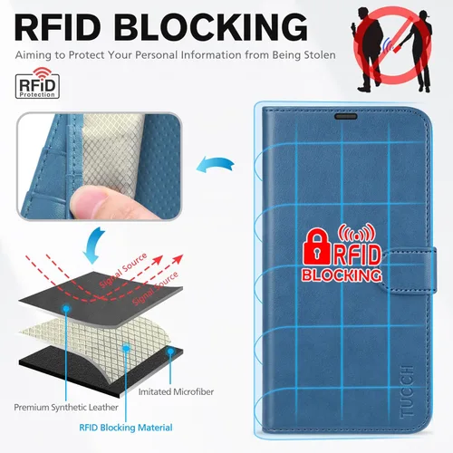 Miniatura 3 de TUCCH Funda tipo cartera para iPhone 13 Pro Max, con bloqueo RFID, ranura para tarjetas y soporte [funda interior de TPU a prueba de impactos], Azul