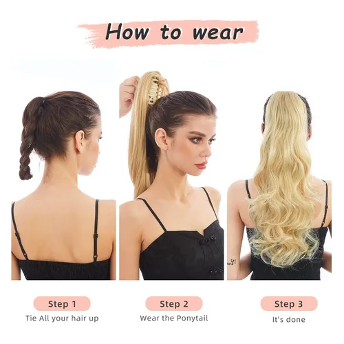 Miniatura 8 de Extensión de cabello negro con cola de caballo de 22 pulgadas de largo, rizado, ondulado, peluca sintética con clip, peluca de cola de caballo