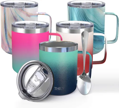 Miniatura 8 de THILY Taza de café aislada de acero inoxidable de 12 onzas, taza de viaje con triple aislamiento con asa y tapa a prueba de derrames, mantiene