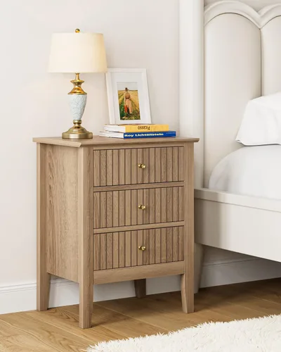Mesita de noche acanalada, mesa auxiliar de granja con 3 cajones, mesa auxiliar de acento lateral estilo Mid Century Modern, mesita de noche para