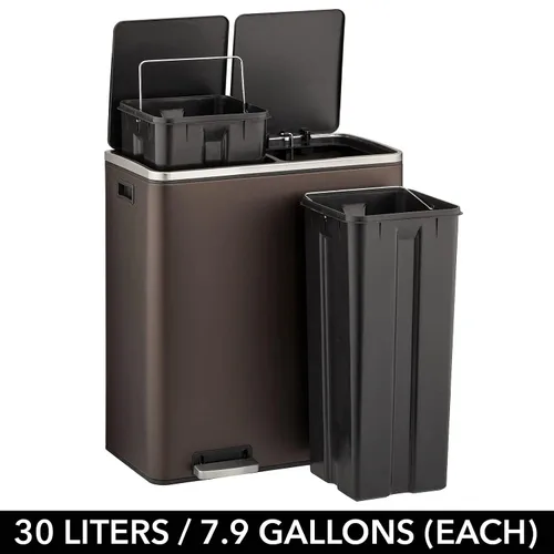 Miniatura 4 de mDesign Cubo de basura grande de acero de metal de 16 galones/60 litros; cubo de basura de doble compartimento/combo de reciclador para cocina