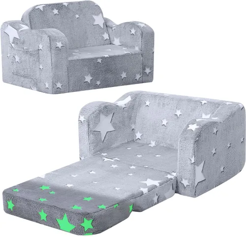 MeMoreCool Silla de sofá para niños Glow Star – Tumbona plegable 2 en 1, color gris, sofá convertible para sala de juegos o guardería, asiento de