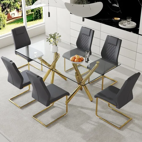 Miniatura 19 de Ebullient Moderno juego de mesa de comedor para 6, mesa de comedor de cristal de 71 pulgadas y patas de mesa de metal dorado, mesas de comedor