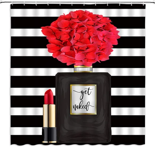 Miniatura 10 de Cortina de ducha negra con diseño de flores para niña, mujer, pintalabios, encantadora decoración de baño, juego de baño con gancho, 36 pulgadas