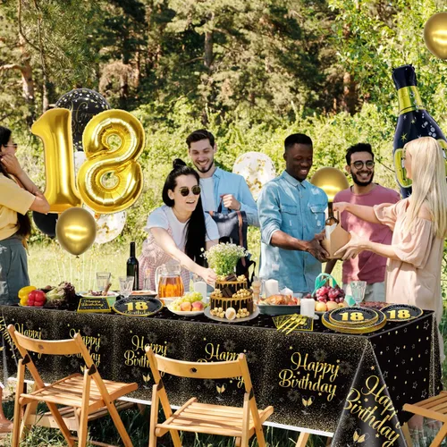 Miniatura 6 de Decoraciones de 18 cumpleaños para niños y niñas - 81 piezas de platos, servilletas, mantel, tenedores, decoración de fiesta negra y dorada, sirve