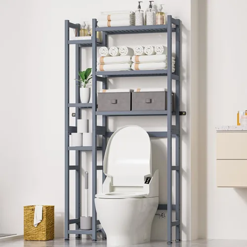 Miniatura 10 de Homde Organizador de Almacenamiento Sobre el Inodoro con Cesta y Cajón, Organizador de Baño de Bambú con Estante Ajustable y Patas Impermeables