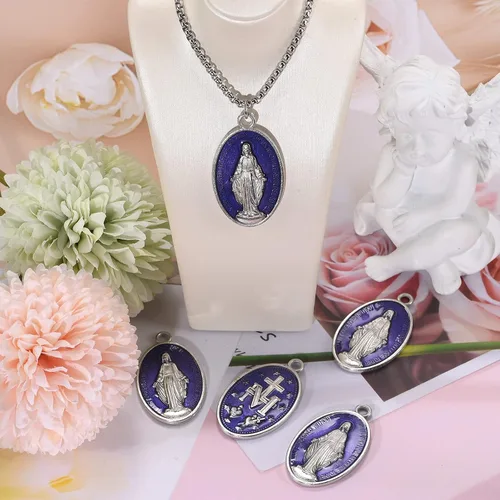 Miniatura 6 de 10 medallas católicas grandes de la Virgen María – Colgante ovalado de esmalte azul de aleación para hacer collares, joyas, ideal para hombres