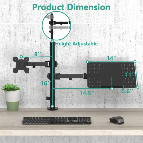 Miniatura 5 de WALI Soporte para laptop y monitor, soporte para monitor totalmente ajustable y bandeja para laptop para 1 portátil de hasta 17 pulgadas y 1