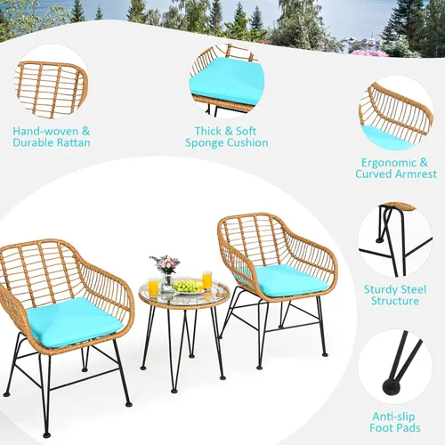 Miniatura 3 de KOTEK Juego de 3 piezas de patio bistró, juego de conversación de ratán para exteriores con mesa de centro de cristal y cojines de asiento, juego