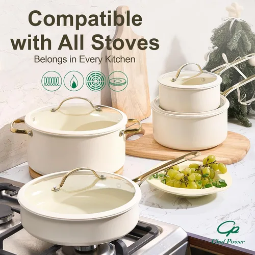 Miniatura 5 de Chef Power Sartén de cerámica con mango de acero inoxidable, juego de 5 sartenes antiadherentes, aptas para lavavajillas y horno, color blanco crema