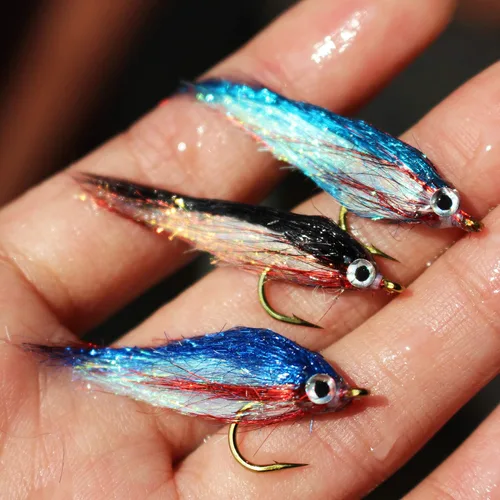Tigofly Juego de 12 señuelos de pesca con mosca de pececillo herido UV Polar Fry que se hunde lentamente, trucha de salmón, cabeza de acero, pesca