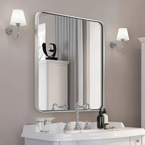 Miniatura 8 de ANDY STAR - Espejo de baño cromado, espejo rectangular redondeado de 30x36 pulgadas con marco de metal plateado pulido, espejo de tocador de baño