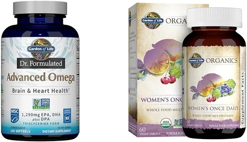 Garden of Life Aceite de pescado omega-3 1,290 mg EPA+DHA+DPA 180 cápsulas blandas y multivitamínico orgánico de alimentos integrales una vez al día
