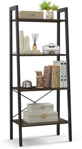 Tangkula Estantería de escalera, estantería industrial de madera de 4 niveles con marco de metal, dispositivo antivuelco, estante de escalera