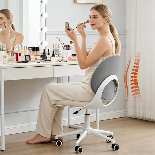 Miniatura 6 de Silla moderna de oficina en casa, silla de escritorio de tela de piel sintética sin brazos con respaldo medio, silla giratoria de altura ajustable