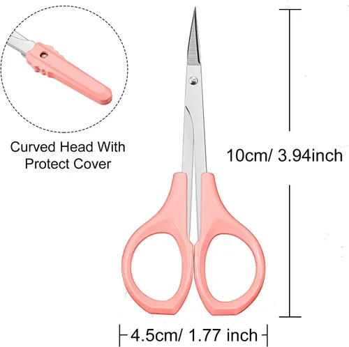 Miniatura 2 de Paquete de 2 tijeras de cejas curvadas de 4 pulgadas, tijeras pequeñas de acero inoxidable para recortar pestañas faciales y vello de nariz (rosa)