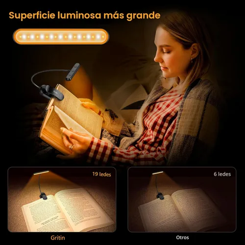 Miniatura 4 de Gritin Luz de libro recargable para leer en la cama con 19 LED y función de memoria, cuidado de los ojos, 3 temperaturas de color, 5 niveles de Negro