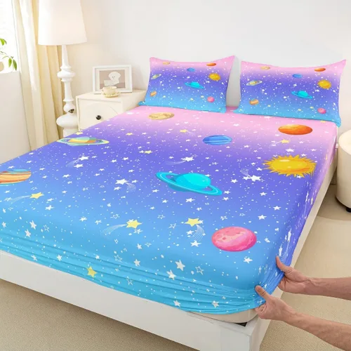 Miniatura 6 de Outer Space - Juego de sábanas tamaño matrimonial para niñas y niños, diseño de arco iris, galaxia, estrellas, planeta, kawaii, pastel, rosa, azul