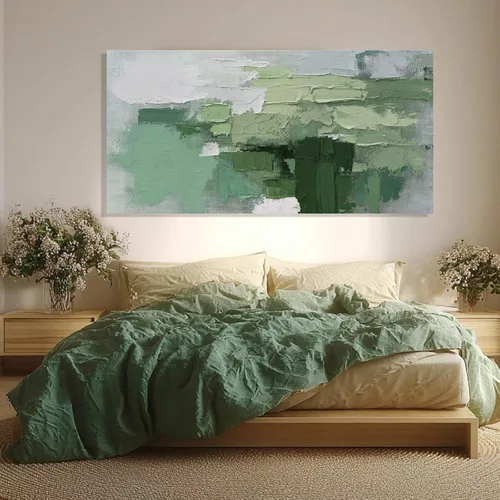 Miniatura 7 de SHEYOYE Lienzo abstracto de montaña gris azul y gris pardo con colinas verde oliva, 32 x 71 pulgadas, decoración de paisaje con textura grande