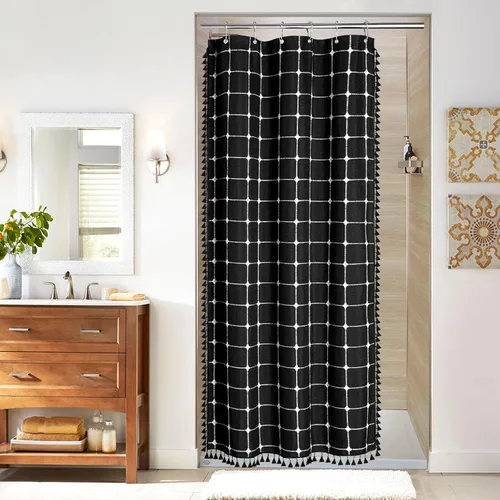 Miniatura 37 de MitoVilla Juego de cortinas de ducha estilo bohemio, modernas cortinas de ducha bohemias para decoración de baño, cortina de ducha de tela de lino